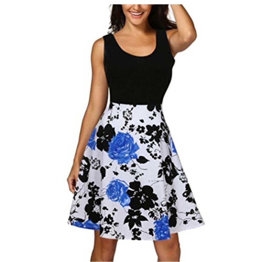 Kira Elegant Floral Black and Blue Swing Cocktail Mini Dress